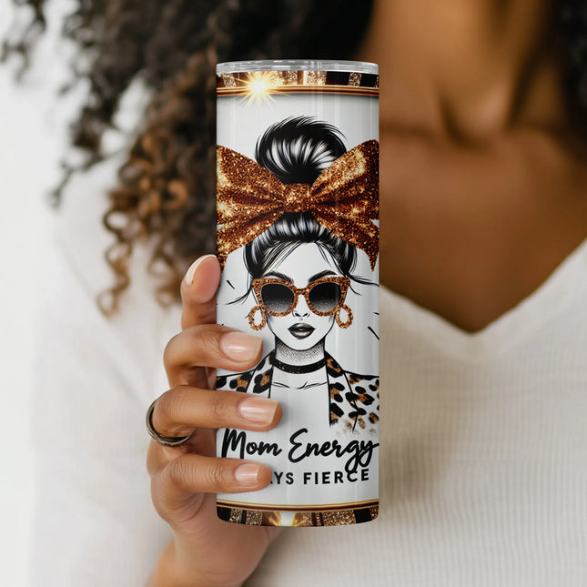 Close-up of glitter bow, gold sunglasses, and leopard jacket details from the mom tumbler wrap design.