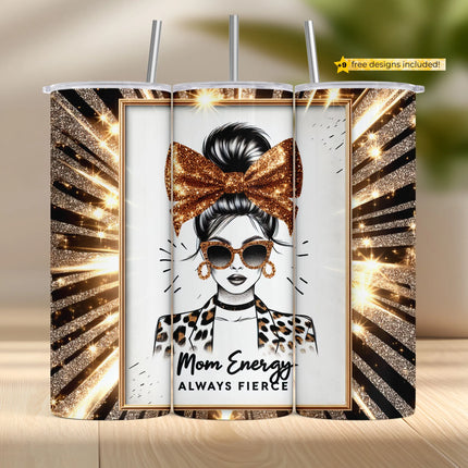 Sparkling glitter tumbler wrap with fashion mom in sunglasses, leopard print, and gold bow.