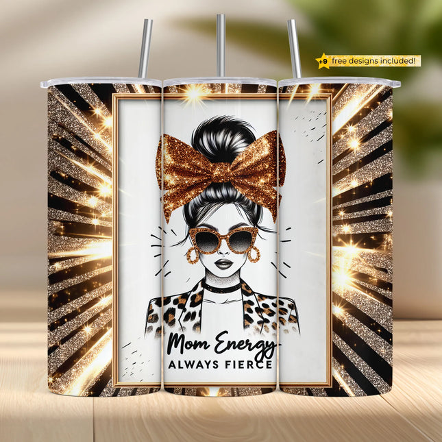 Sparkling glitter tumbler wrap with fashion mom in sunglasses, leopard print, and gold bow.