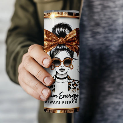 Flat PNG preview of seamless sparkle mom energy tumbler wrap with radiant gold glitter and frame layout.