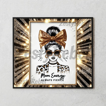 Mockup of 20oz skinny tumbler with radiant gold glitter burst and fierce mom fashion art.