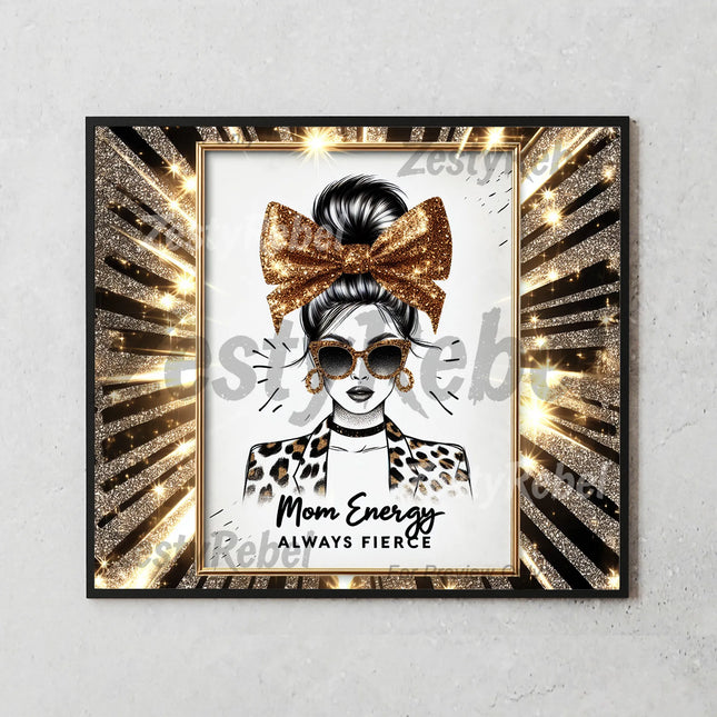 Mockup of 20oz skinny tumbler with radiant gold glitter burst and fierce mom fashion art.