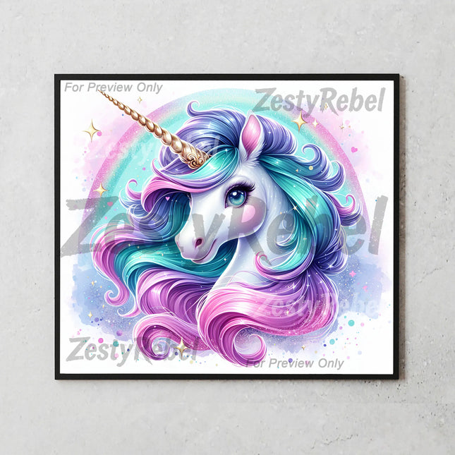 Tumbler wrap PNG featuring a sparkly pastel unicorn with rainbow hair and fantasy sparkles.