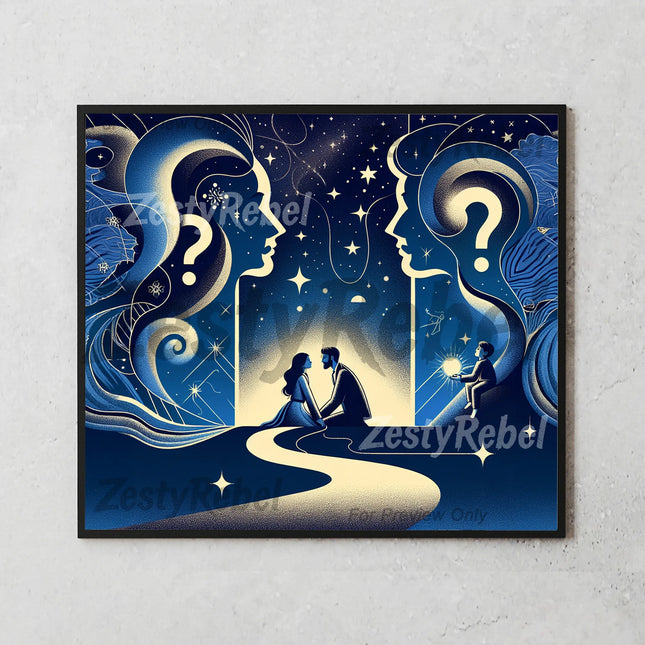 Ethereal sublimation design featuring cosmic symbols, lovers, and question marks.