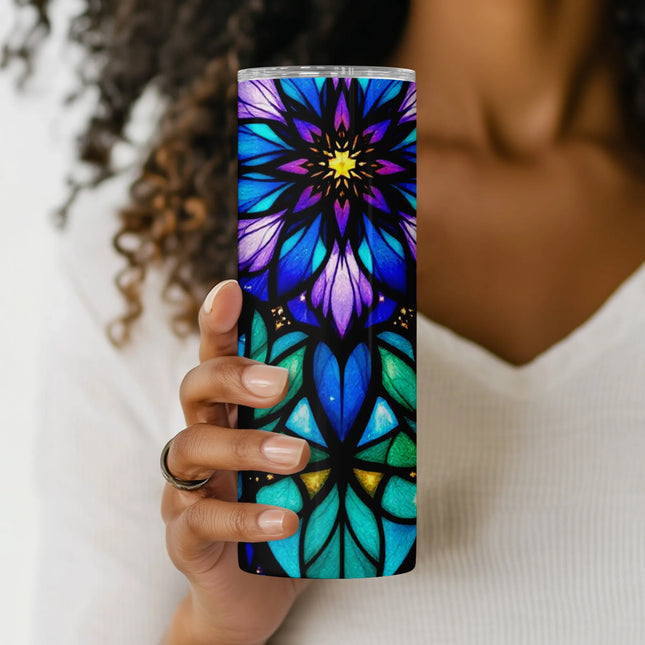 PNG design of glowing floral stained-glass artwork with symmetrical layout for sublimation tumblers.