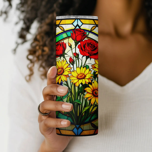 Spring floral sublimation wrap featuring stained glass window art with bouquet of garden blooms.