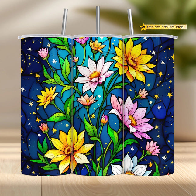 Buy tumbler png celestial flower design – starry stained glass wrap for DIY crafters and drinkware gifts