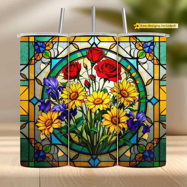 Stained glass tumbler wrap PNG featuring colorful roses, daisies, and irises in a vintage floral design.
