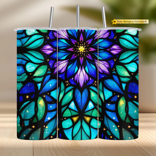 Stained glass tumbler wrap PNG with radiant floral burst and glowing star accents in blue and purple.