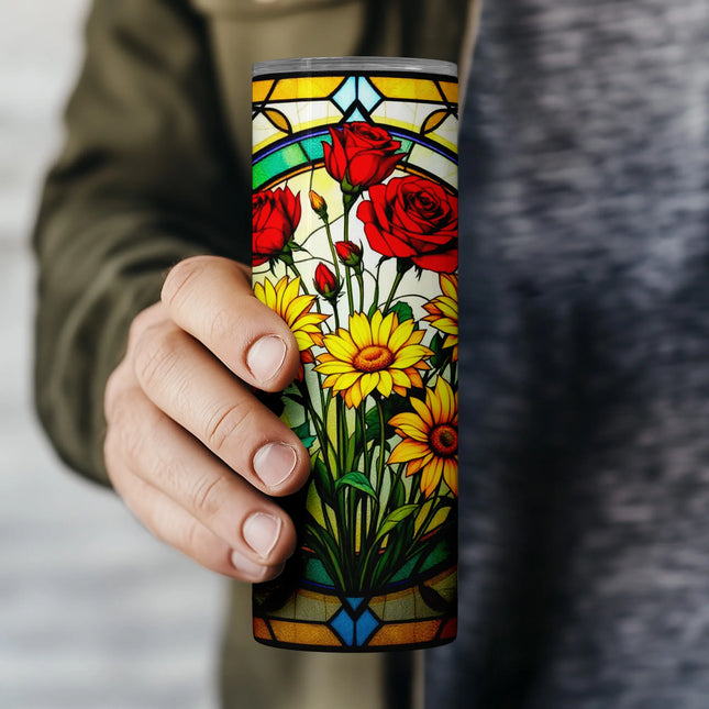 PNG wrap with intricate stained glass floral window design, ideal for 20oz tumblers and craft gifts.