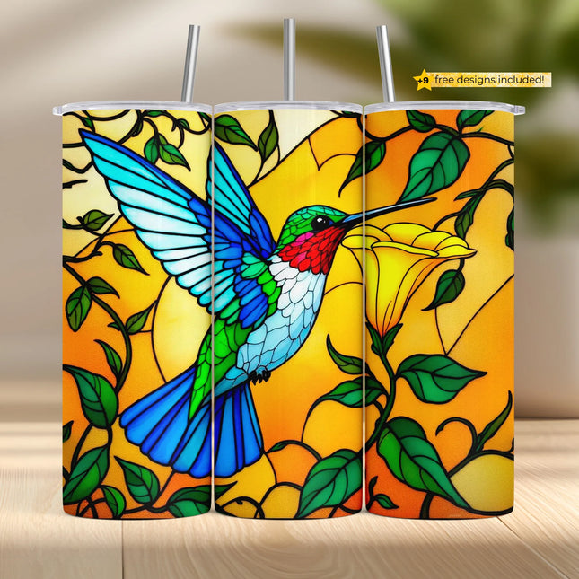 Tumbler wrap PNG with a bright stained glass hummingbird drinking from a golden flower.