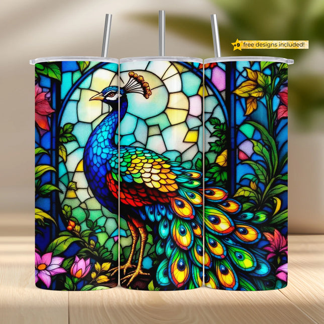 Tumbler wrap PNG featuring a colorful peacock in stained glass with floral and nature-inspired background.