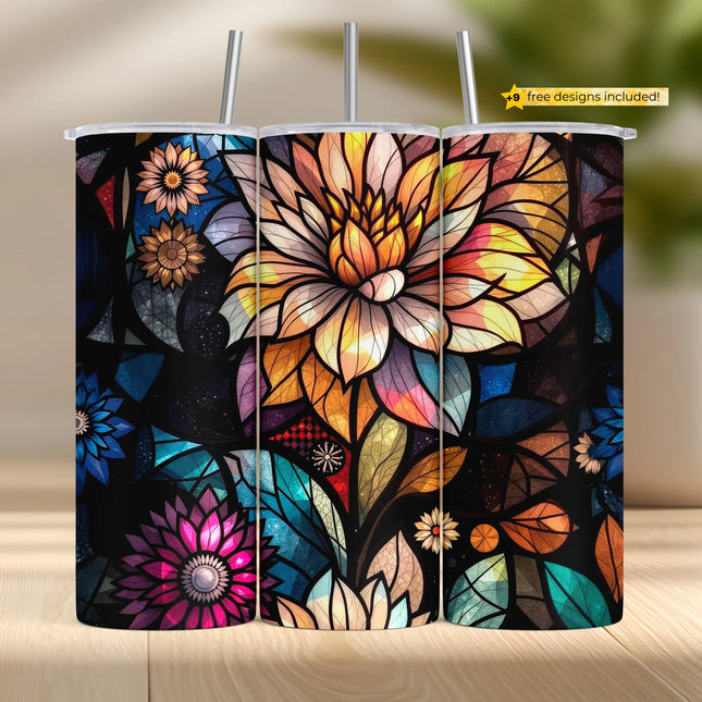 Buy tumbler png radiant stained glass floral – perfect digital wrap for sublimation and drinkware crafting