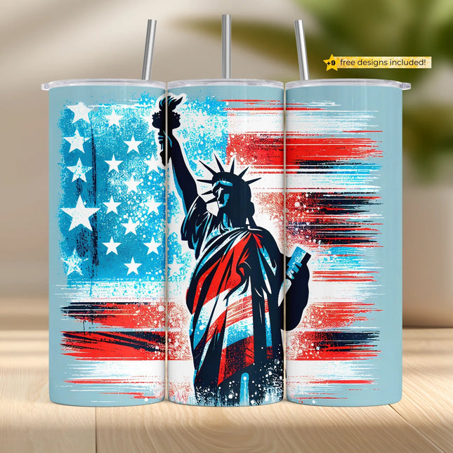 Grunge-style red, white, and blue tumbler wrap with Statue of Liberty for 20oz sublimation.