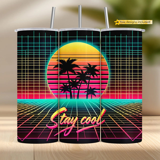Buy stay cool retro tumbler png for sublimation – neon palm wrap with 80s sunset and grid