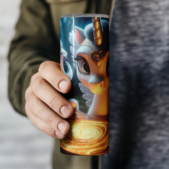 DIY sublimation tumbler design with majestic unicorn and mystical swirling lights.