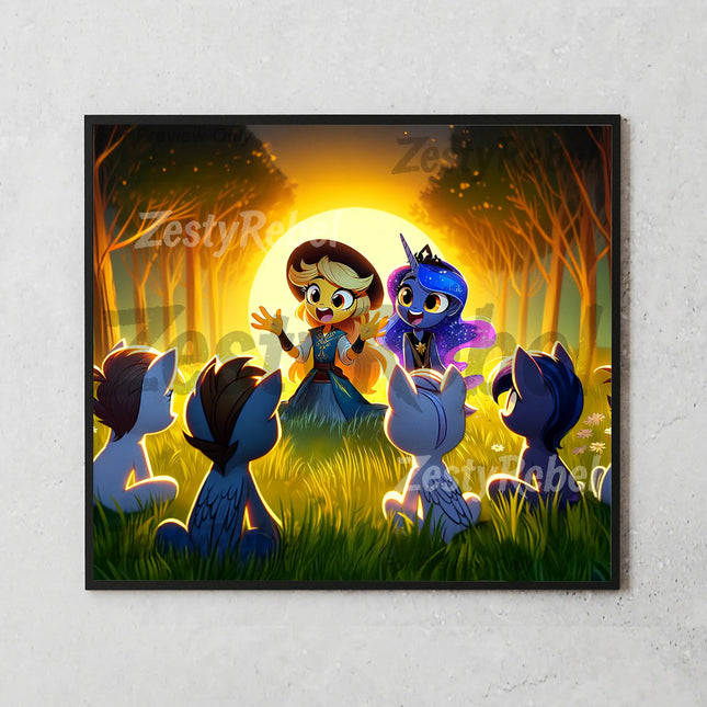Fantasy forest tumbler wrap with ponies listening to tales around a sunset campfire.