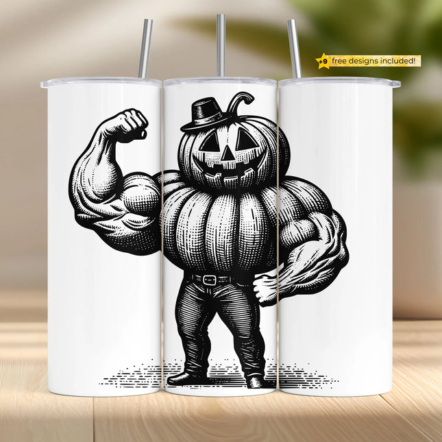 strong pumpkin Halloween tumbler wrap design for sublimation, retro horror muscle jack-o'-lantern character