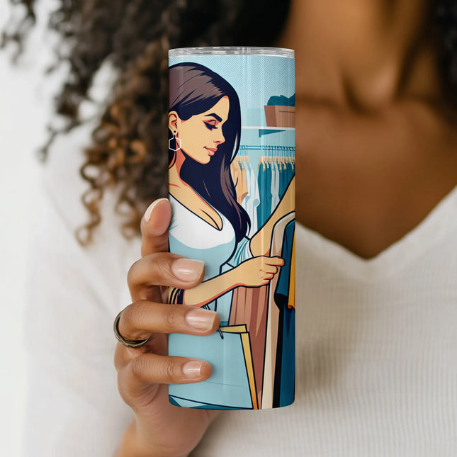 Printable PNG with fashion girl and retail background, ideal for DIY tumblers and shop owner gifts.