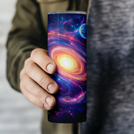 Sublimation tumbler wrap PNG featuring a neon swirl galaxy with planets and stars, perfect for POD.