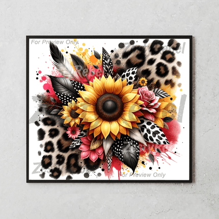 Digital 20oz tumbler design with leopard spots, yellow sunflowers, and feathers for sublimation.