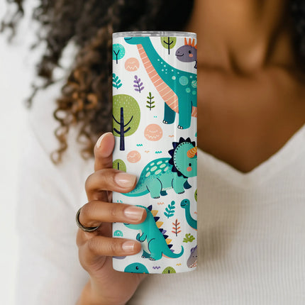 Kid-friendly dinosaur tumbler wrap in fun cartoon style for digital download and sublimation printing.