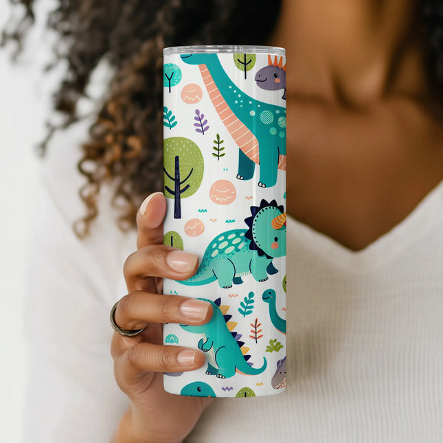 Kid-friendly dinosaur tumbler wrap in fun cartoon style for digital download and sublimation printing.