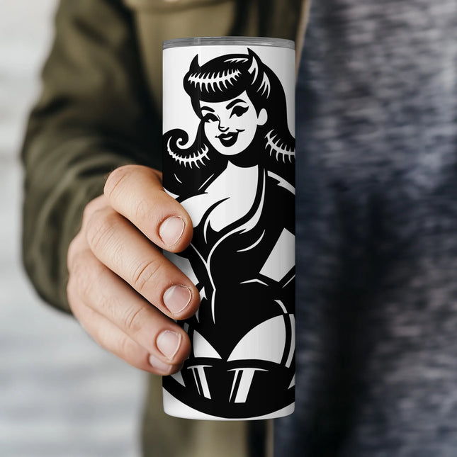 Digital download PNG featuring a classic pin-up devil girl wrap for 20oz skinny tumbler sublimation.