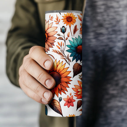 Vibrant floral sublimation wrap featuring sunflowers, teal blooms, and boho botanicals, perfect for print on demand projects.