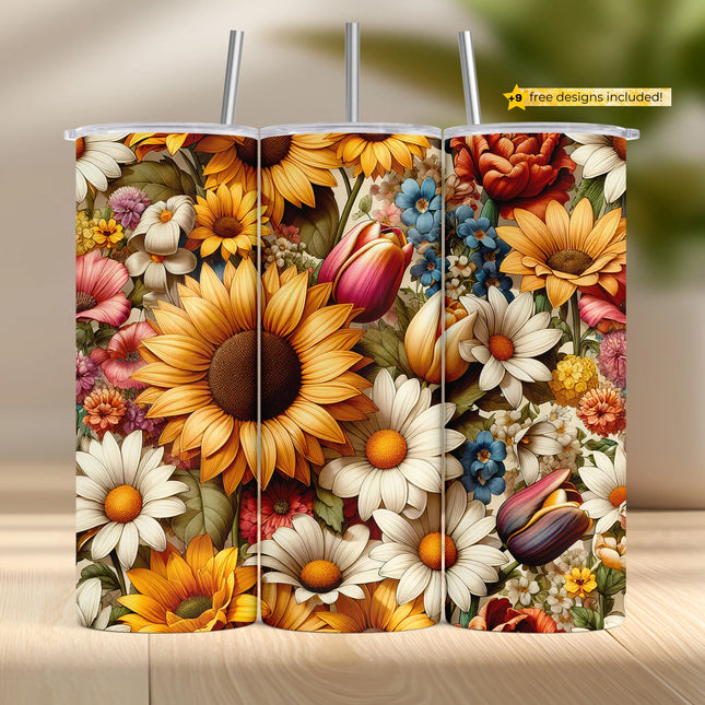 Buy tumbler png sunflower wrap – bright floral sublimation download for seasonal crafts