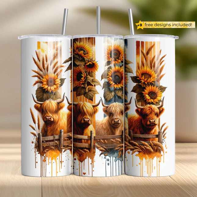 Rustic country tumbler wrap PNG featuring Highland cows and sunflowers.
