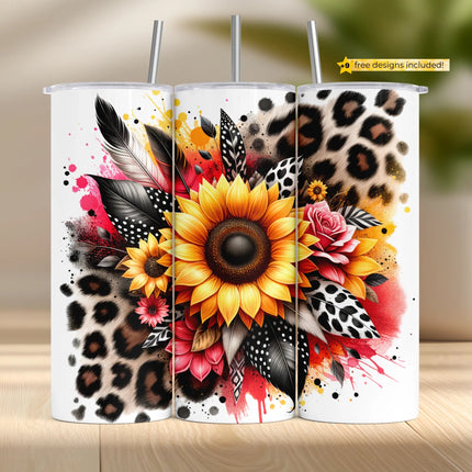 Bold sunflower and leopard print tumbler wrap PNG design with pink and black feathers.