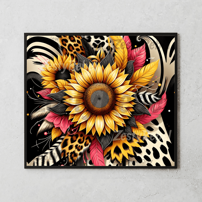 Mockup of 20oz skinny tumbler showing seamless sunflower and leopard sublimation design – ideal for print on demand and craft sales.