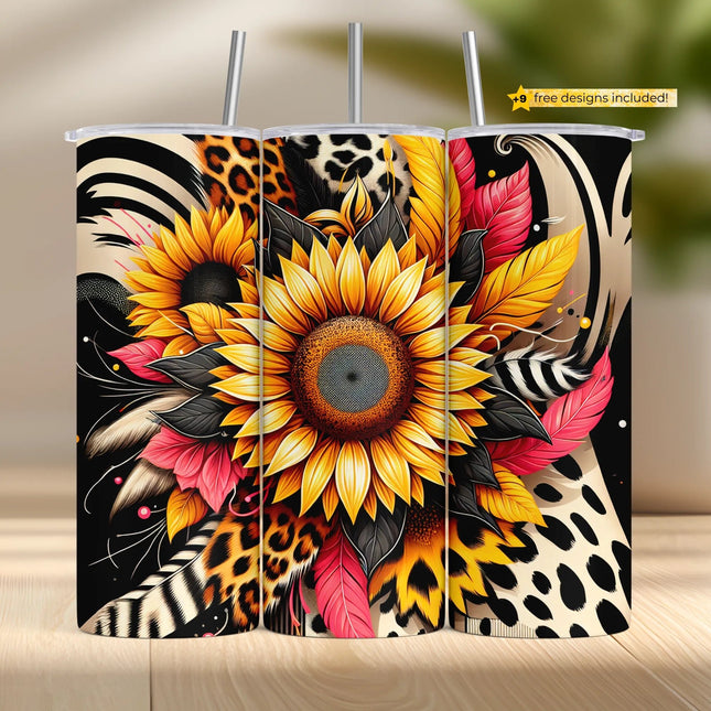 Bright sunflower tumbler sublimation wrap PNG with animal print background and bold feather accents – perfect for DIY and digital craft projects.