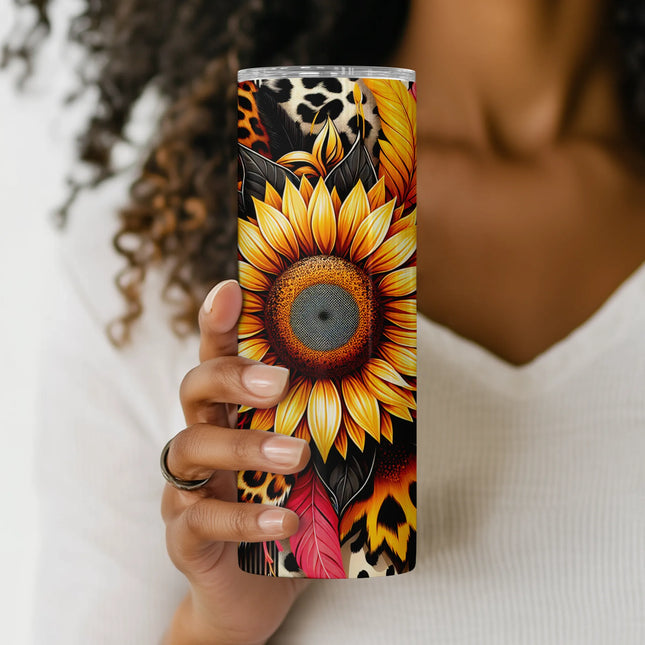 Close-up view of sunflower petals, pink feathers, and layered leopard & zebra print – sublimation-ready PNG file for 20oz tumblers.