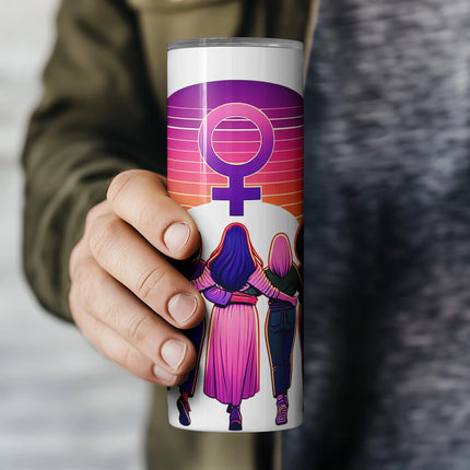 Digital tumbler design with sisterhood theme, bold floral accents, and symbolic female power imagery.