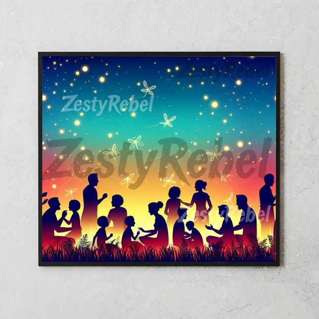 Magical summer scene with kids and parents under glowing sky, perfect for crafts.