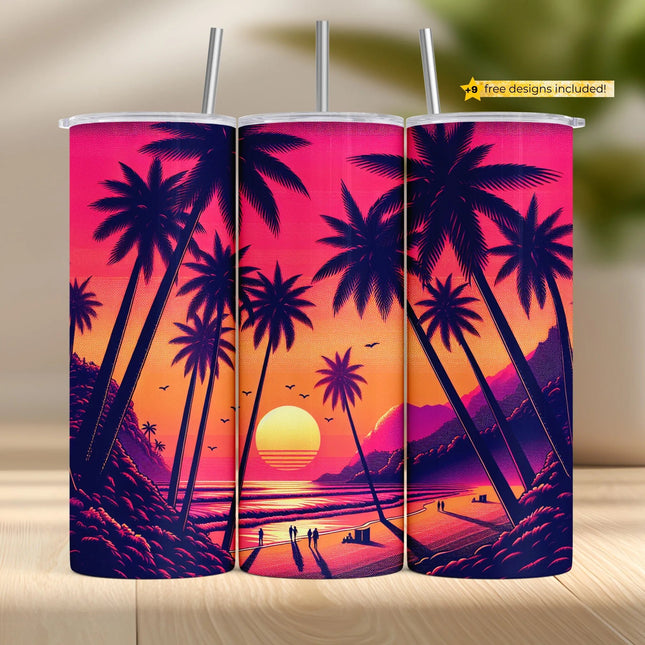 Buy tumbler png tropical sunset palm wrap – retro beach sublimation design