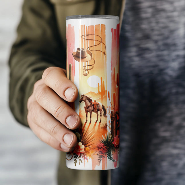 Digital download PNG of desert sunset with boots, lasso, and prickly pear cacti for sublimation craft projects.