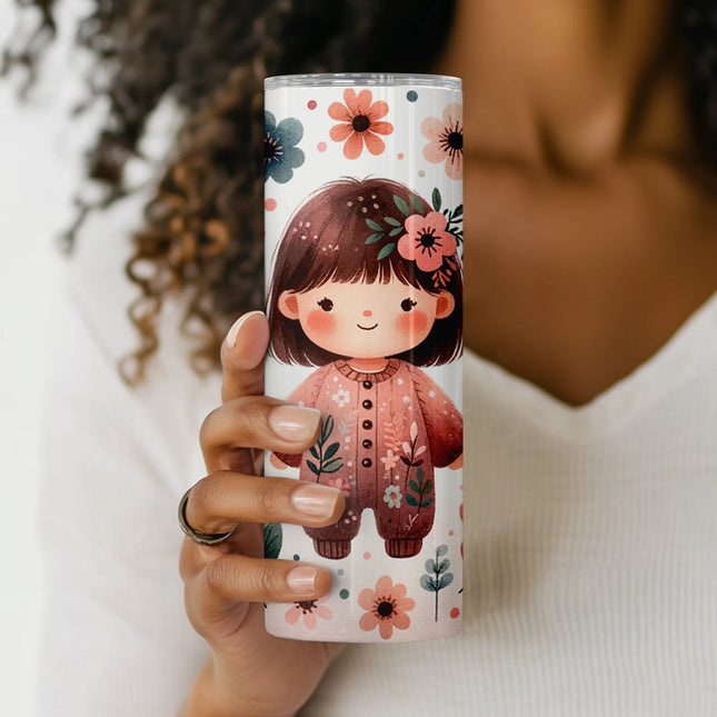 Charming sublimation tumbler wrap with little girl surrounded by watercolor flowers – digital PNG for crafting and print on demand.