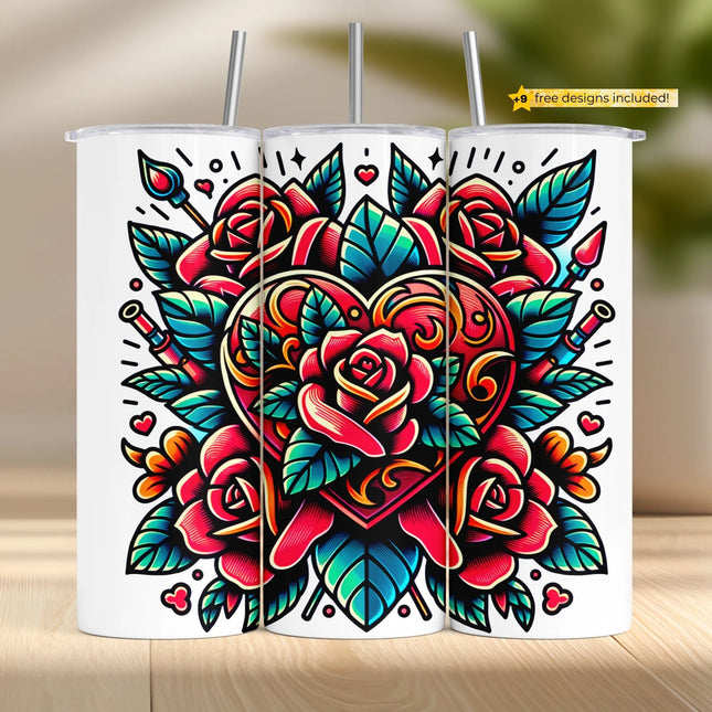 Buy tumbler png with tattoo heart and roses – bold design for sublimation and digital crafts