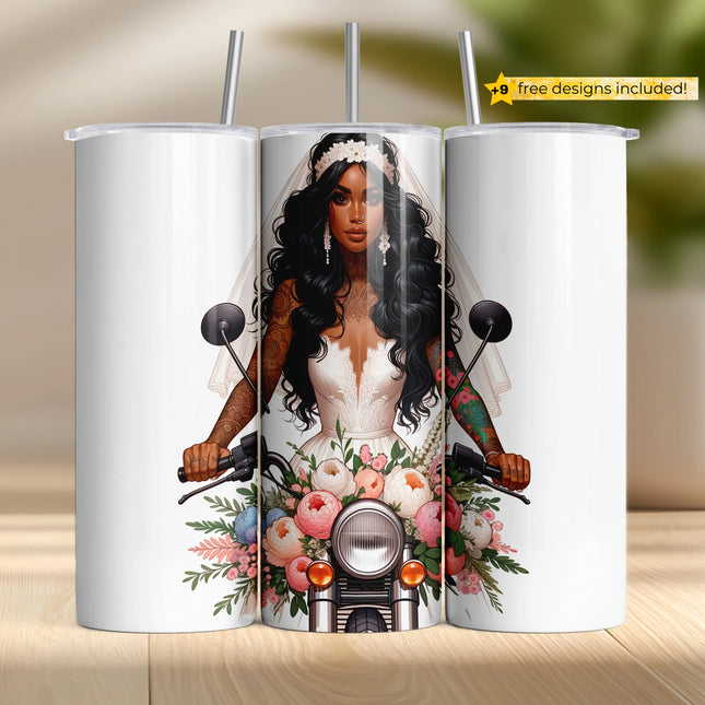 Edgy sublimation wrap showing Black bride on motorcycle with bold florals and wedding dress for 20oz tumblers.