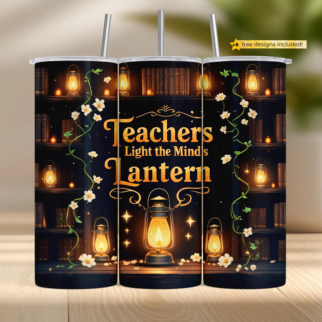 Vintage-style teacher tumbler sublimation wrap with lanterns, bookshelves, and glowing lights – seamless PNG digital file for 20oz DIY tumbler projects.