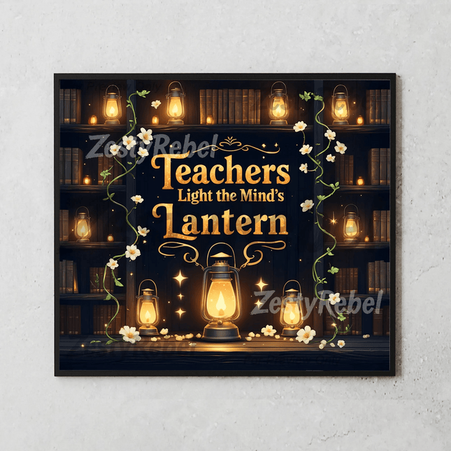 Mockup of 20oz tumbler with bookshelf lantern theme and inspirational quote – perfect for sublimation crafting and teacher appreciation gifts.