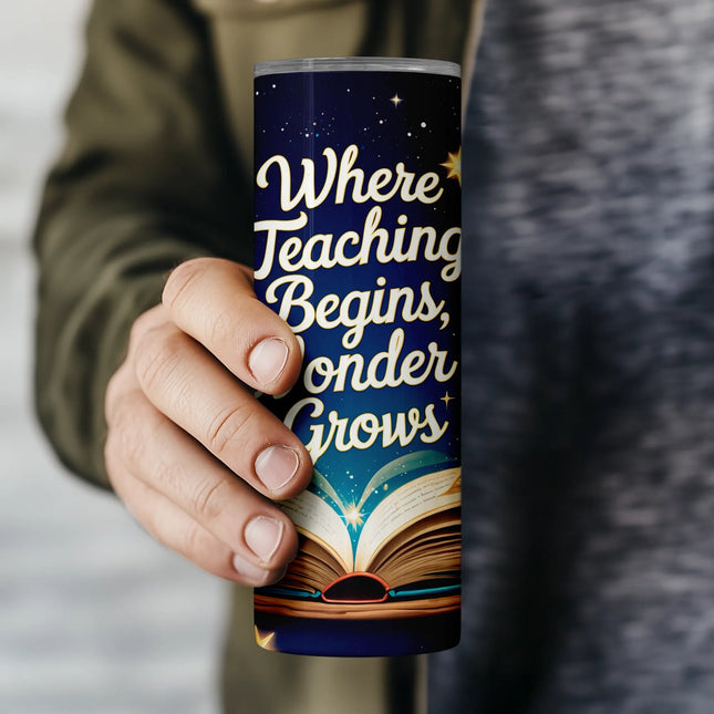 Flat PNG file preview of teacher sublimation wrap with quote and illustrated book stack – digital download for sublimation and DIY crafting.