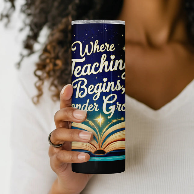Close-up view of shining open book and star accents on sublimation tumbler wrap – teacher-themed digital design.