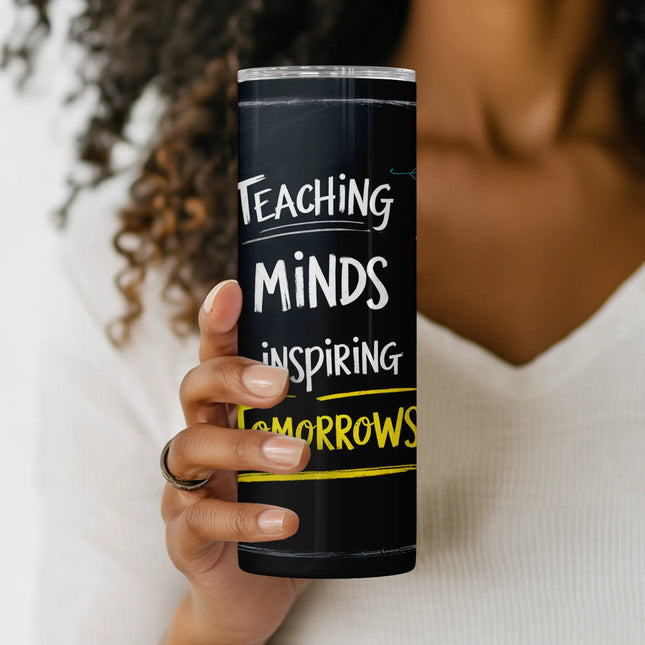 Close-up detail of light bulbs, paper planes, books, and yellow chalk text on teacher tumbler sublimation wrap PNG.