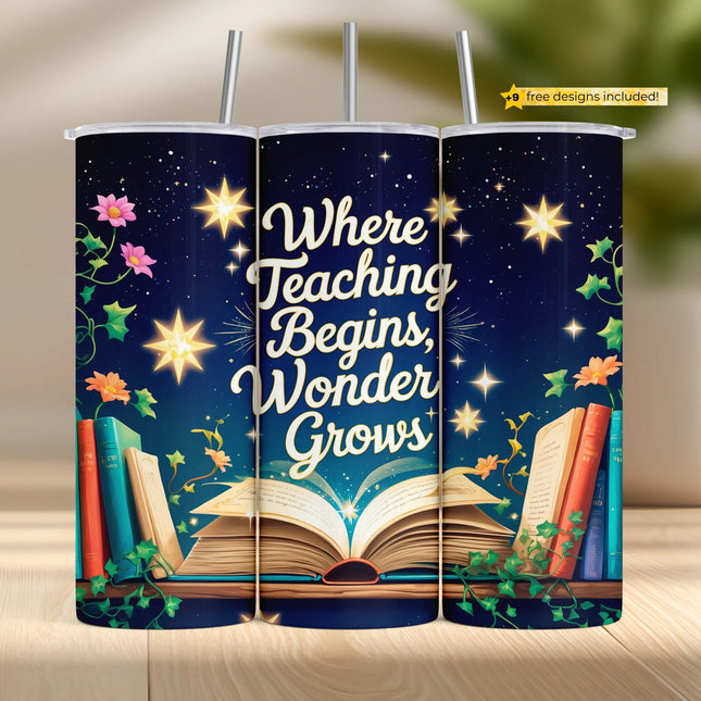 Inspirational teacher tumbler wrap PNG with books, glowing stars, and quote – seamless sublimation design for DIY and digital download use.