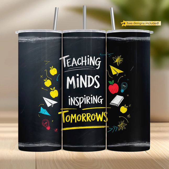 Teacher tumbler sublimation wrap PNG with chalkboard design, apples, paper planes, and quote – perfect digital download for crafting and DIY gifts.