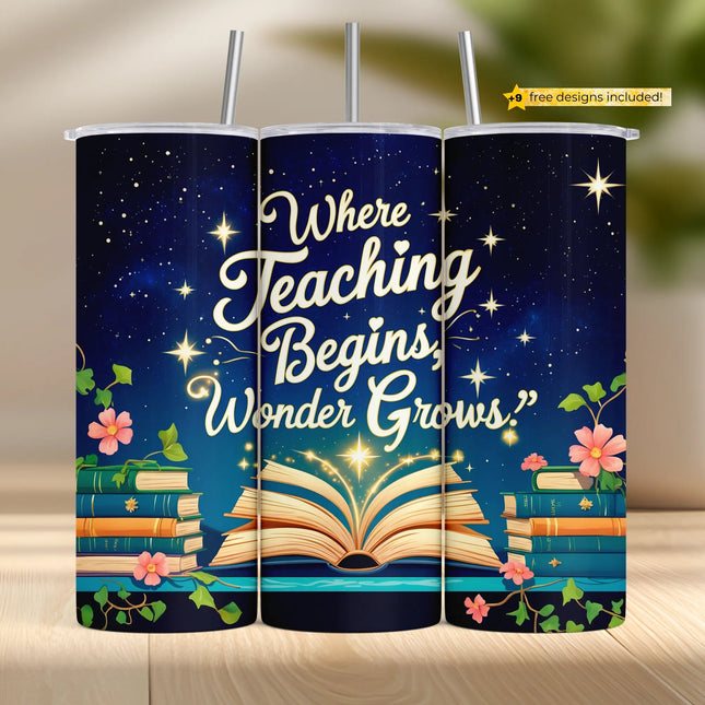 Teacher tumbler sublimation PNG with glowing books, stars, and inspirational quote – seamless design for DIY crafting and digital download.